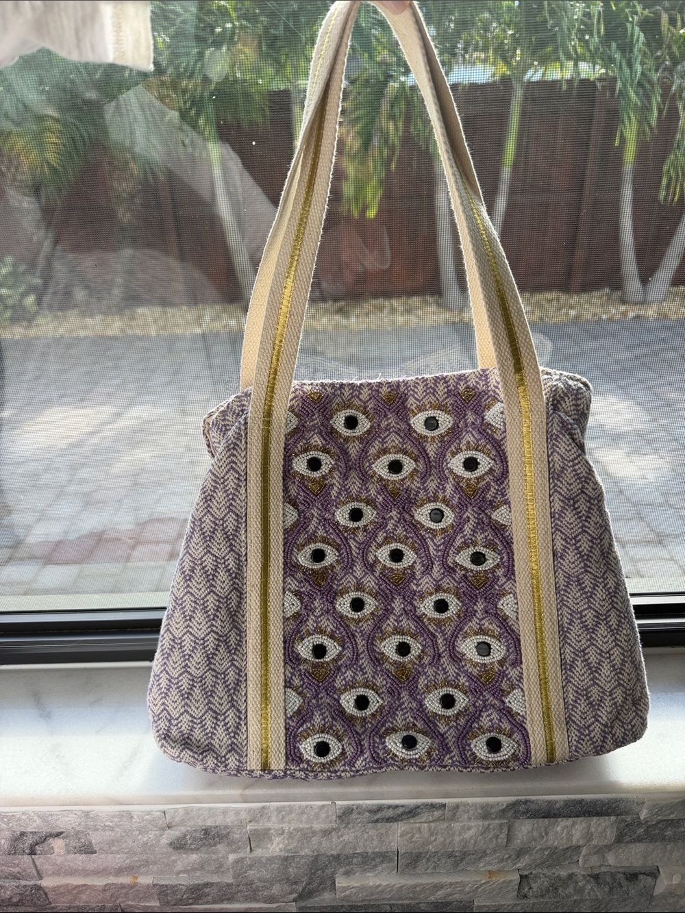 Woven Purple Eye-Pattern Tote Bag with Cream Straps